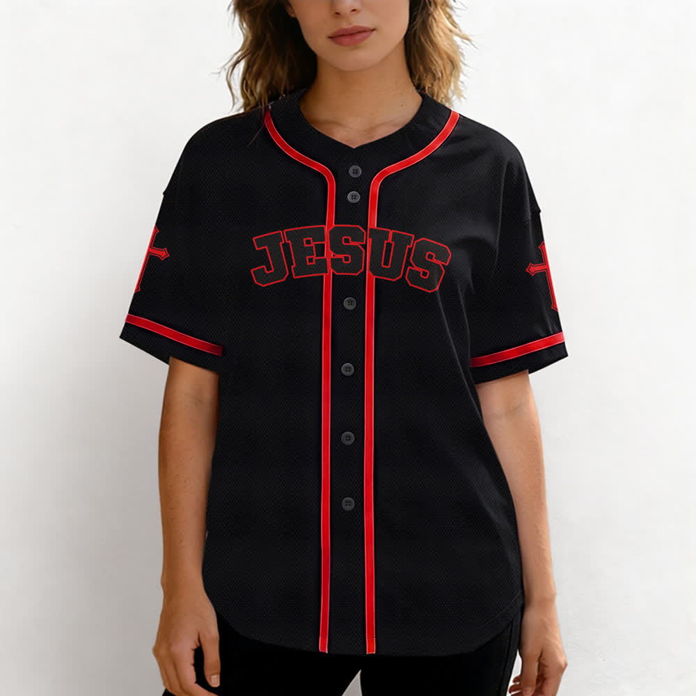 Camiseta de béisbol negra con botones y armadura de león de Christianartworkshop con Jesús. - image 11