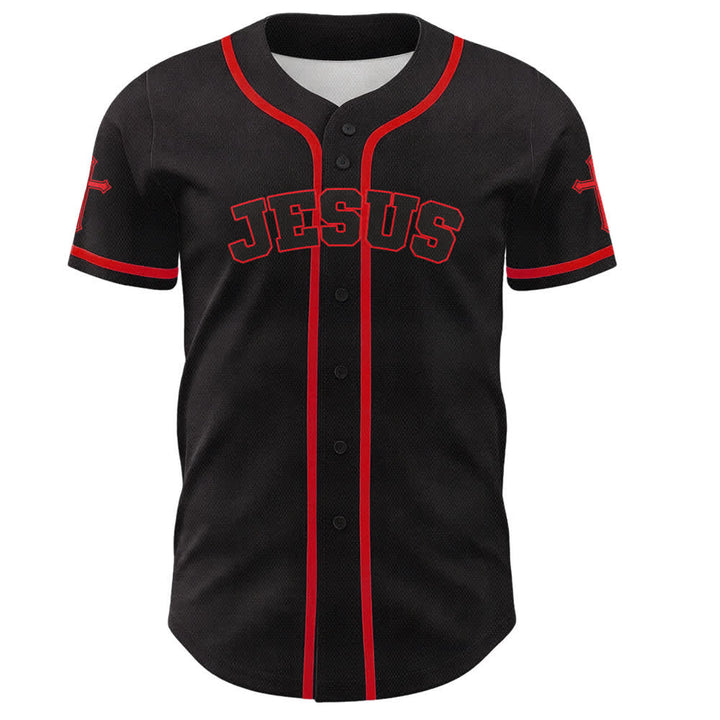 Camiseta de béisbol negra con botones y armadura de león de Christianartworkshop con Jesús. - image 9