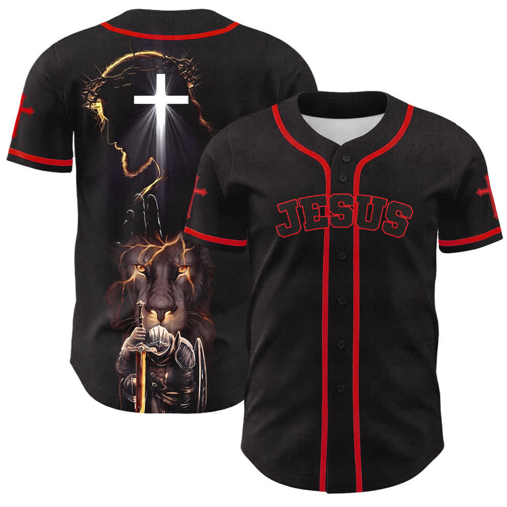 Camiseta de béisbol negra con botones y armadura de león de Christianartworkshop con Jesús. - Rojo - 5XL - image 7