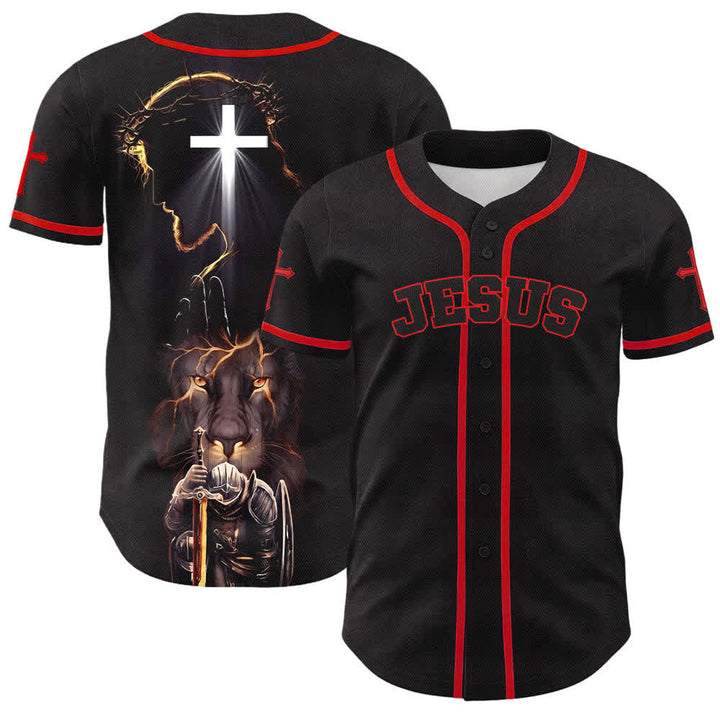 Camiseta de béisbol negra con botones y armadura de león de Christianartworkshop con Jesús. - Rojo - 5XL - image 7