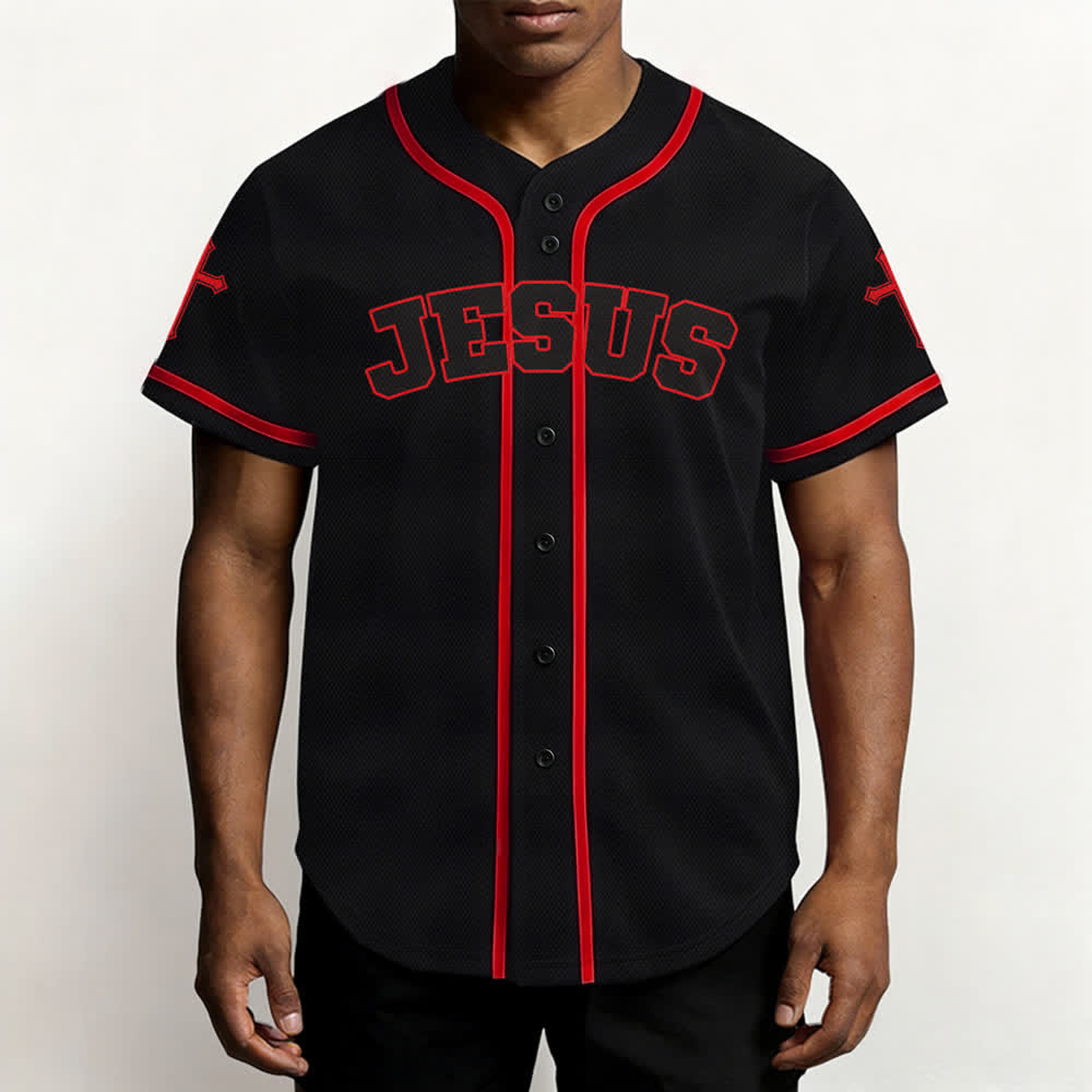 Camiseta de béisbol negra con botones y armadura de león de Christianartworkshop con Jesús. - image 13