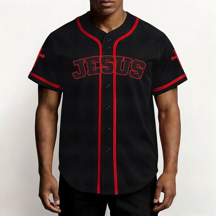 Camiseta de béisbol negra con botones y armadura de león de Christianartworkshop con Jesús. - image 13
