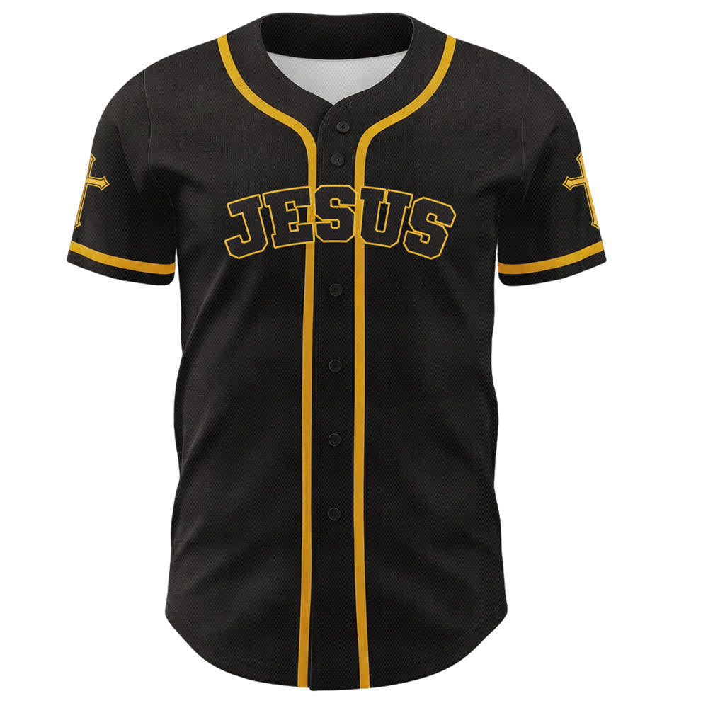 Camiseta de béisbol negra con botones y armadura de león de Christianartworkshop con Jesús. - image 16