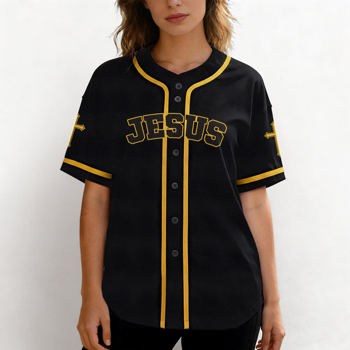 Camiseta de béisbol negra con botones y armadura de león de Christianartworkshop con Jesús. - image 18