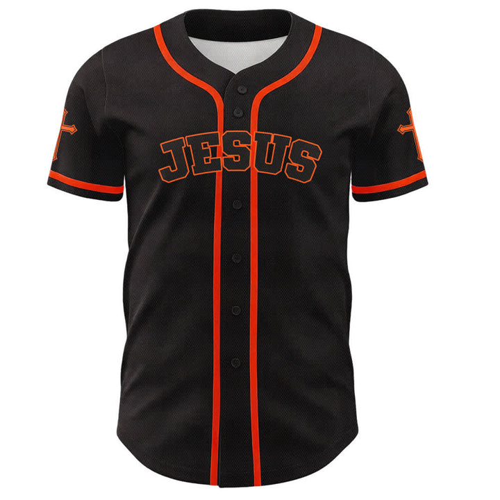 Camiseta de béisbol negra con botones y armadura de león de Christianartworkshop con Jesús. - image 23