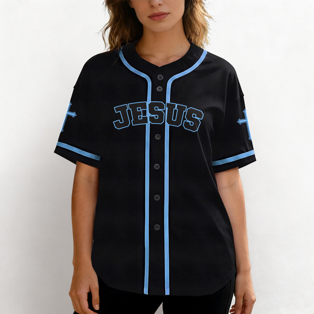 Camiseta de béisbol negra con botones y armadura de león de Christianartworkshop con Jesús. - image 32