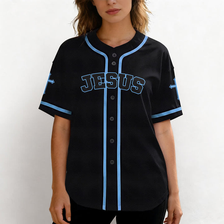 Camiseta de béisbol negra con botones y armadura de león de Christianartworkshop con Jesús. - image 32