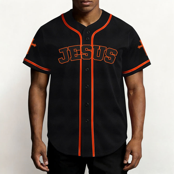 Camiseta de béisbol negra con botones y armadura de león de Christianartworkshop con Jesús. - image 25