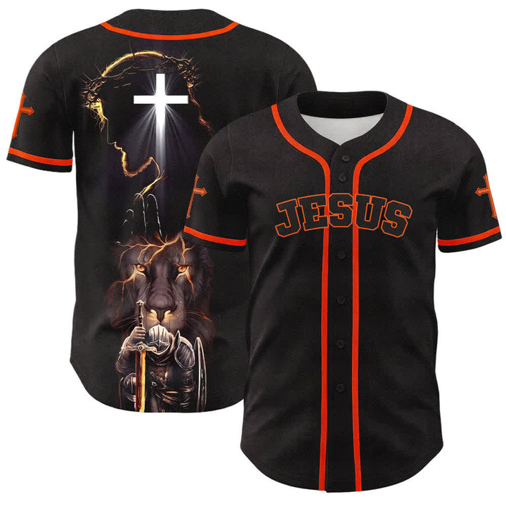 Camiseta de béisbol negra con botones y armadura de león de Christianartworkshop con Jesús. - Naranja - 5XL - image 21