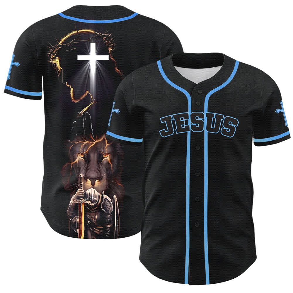 Camiseta de béisbol negra con botones y armadura de león de Christianartworkshop con Jesús. - Azul cielo - 5XL - image 28