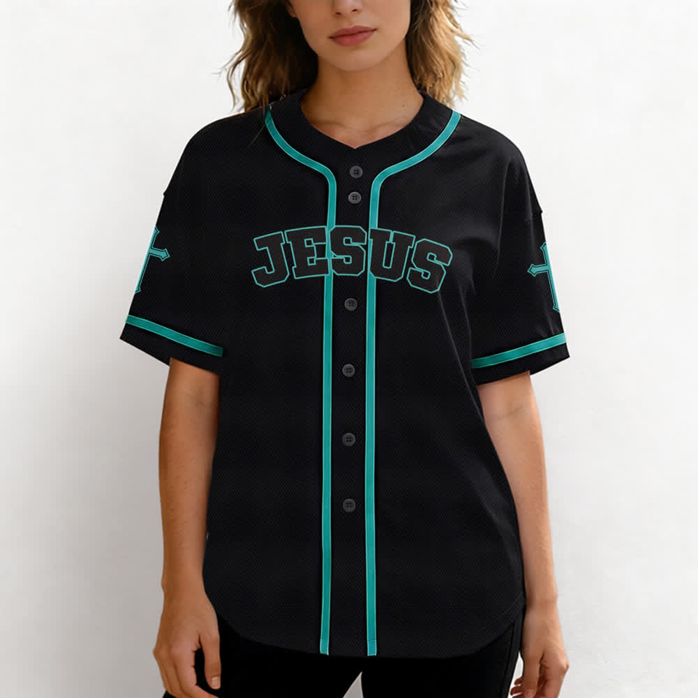 Camiseta de béisbol negra con botones y armadura de león de Christianartworkshop con Jesús. - image 39