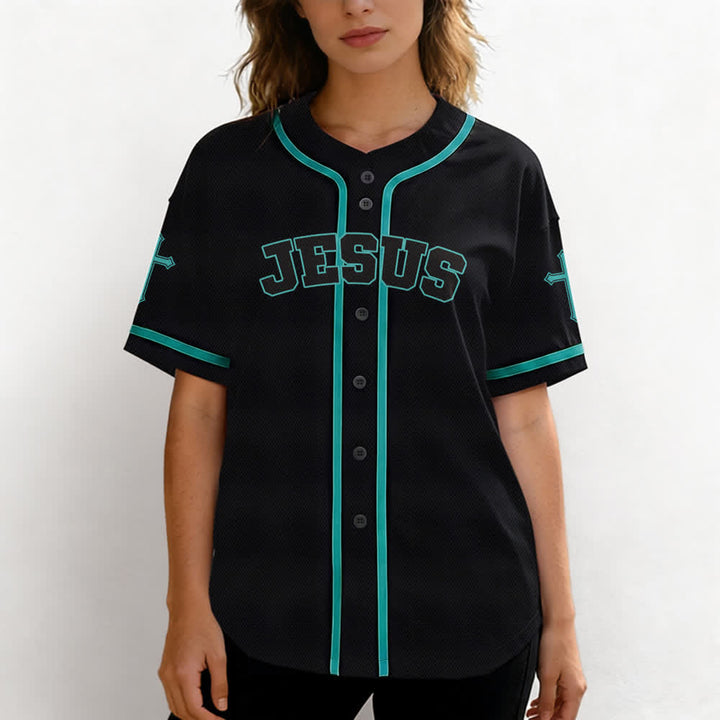 Camiseta de béisbol negra con botones y armadura de león de Christianartworkshop con Jesús. - image 39