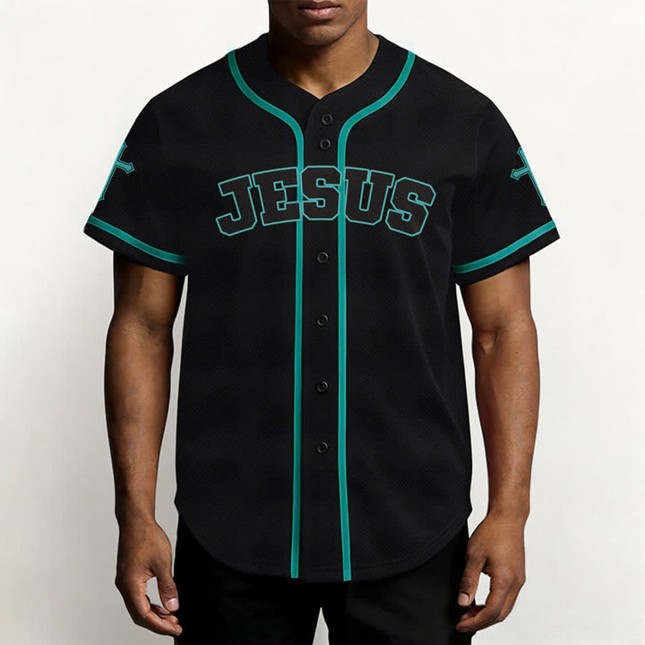 Camiseta de béisbol negra con botones y armadura de león de Christianartworkshop con Jesús. - image 41