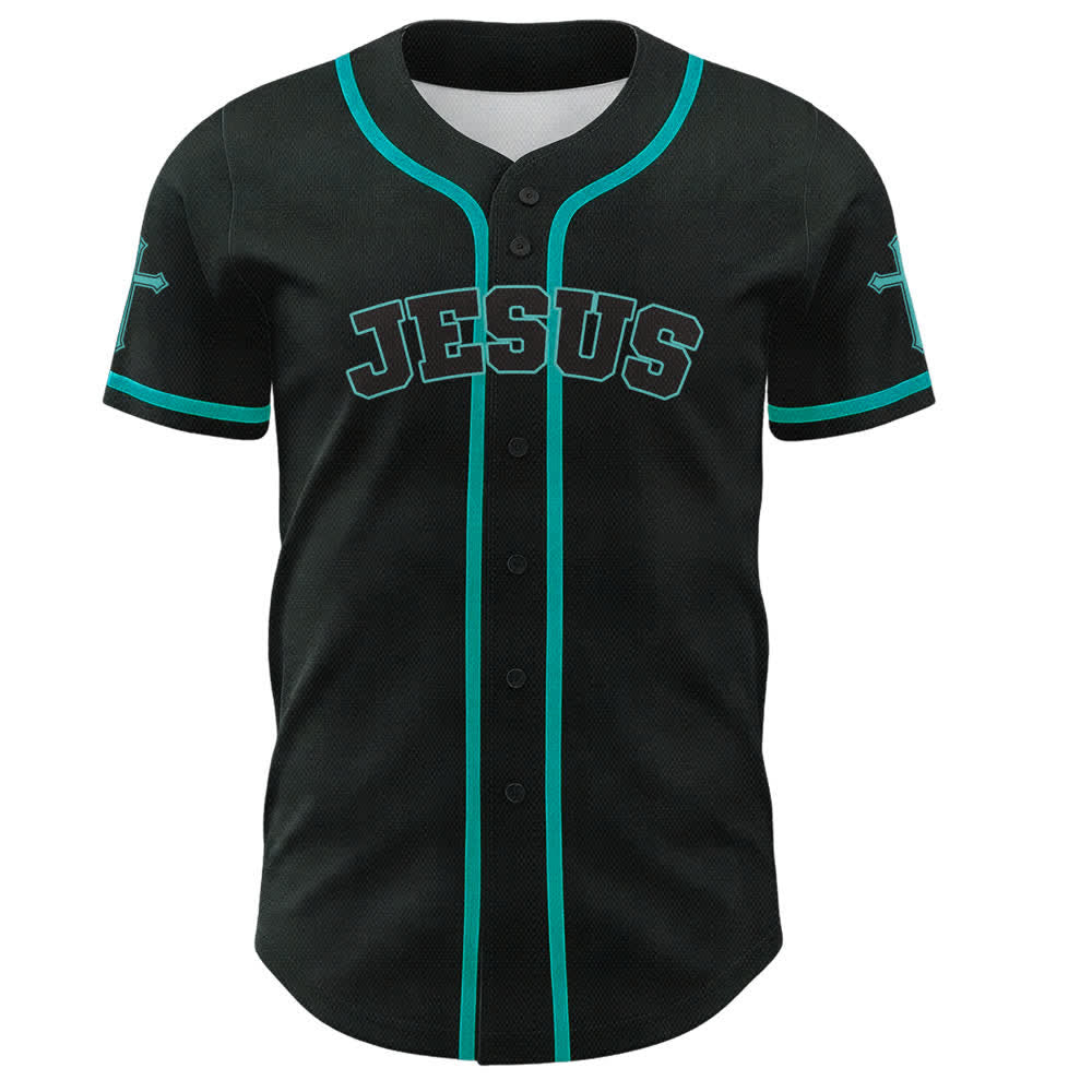 Camiseta de béisbol negra con botones y armadura de león de Christianartworkshop con Jesús. - image 37