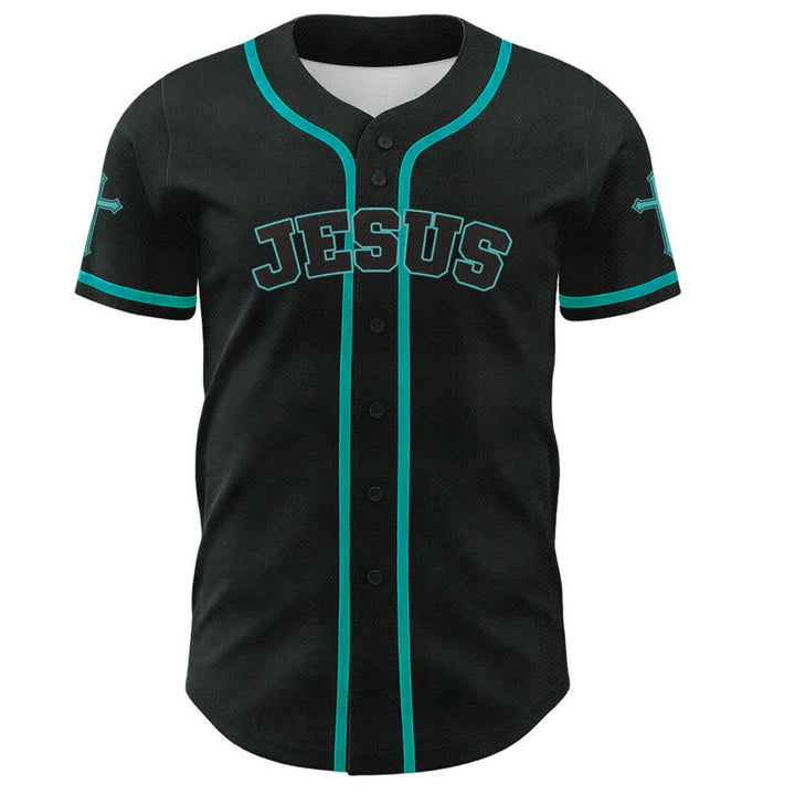 Camiseta de béisbol negra con botones y armadura de león de Christianartworkshop con Jesús. - image 37