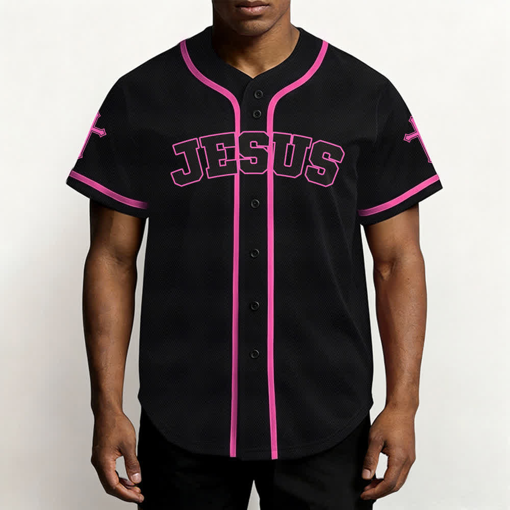 Camiseta de béisbol negra con botones y armadura de león de Christianartworkshop con Jesús. - image 48