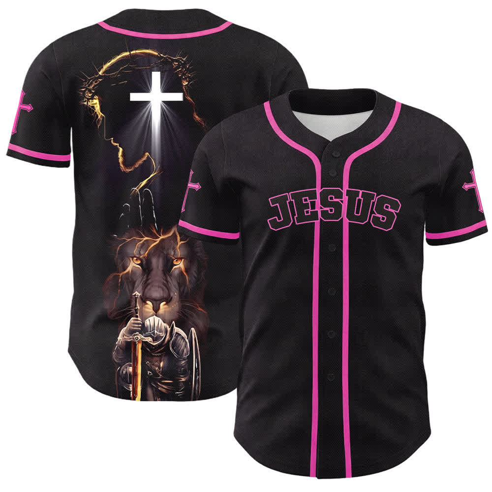 Camiseta de béisbol negra con botones y armadura de león de Christianartworkshop con Jesús. - Rosa - 5XL - image 42