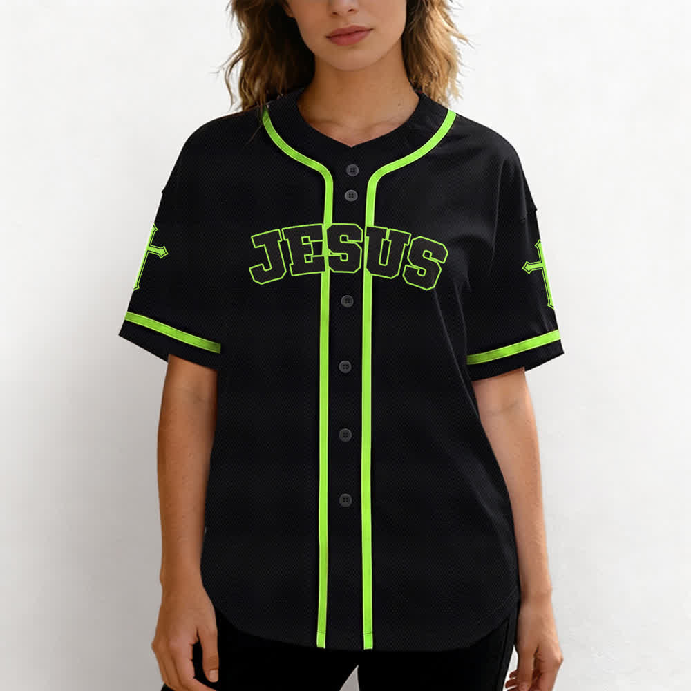 Camiseta de béisbol negra con botones y armadura de león de Christianartworkshop con Jesús. - image 53