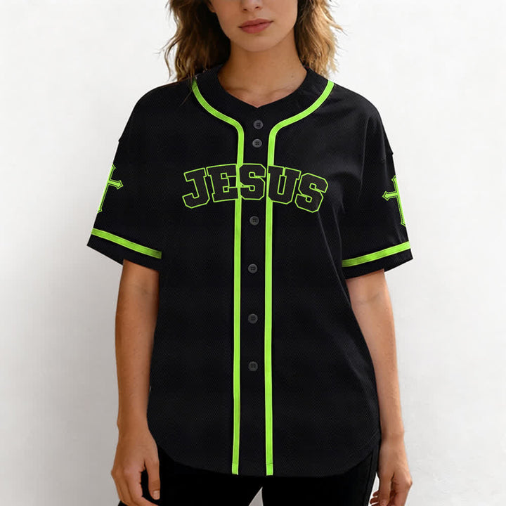Camiseta de béisbol negra con botones y armadura de león de Christianartworkshop con Jesús. - image 53