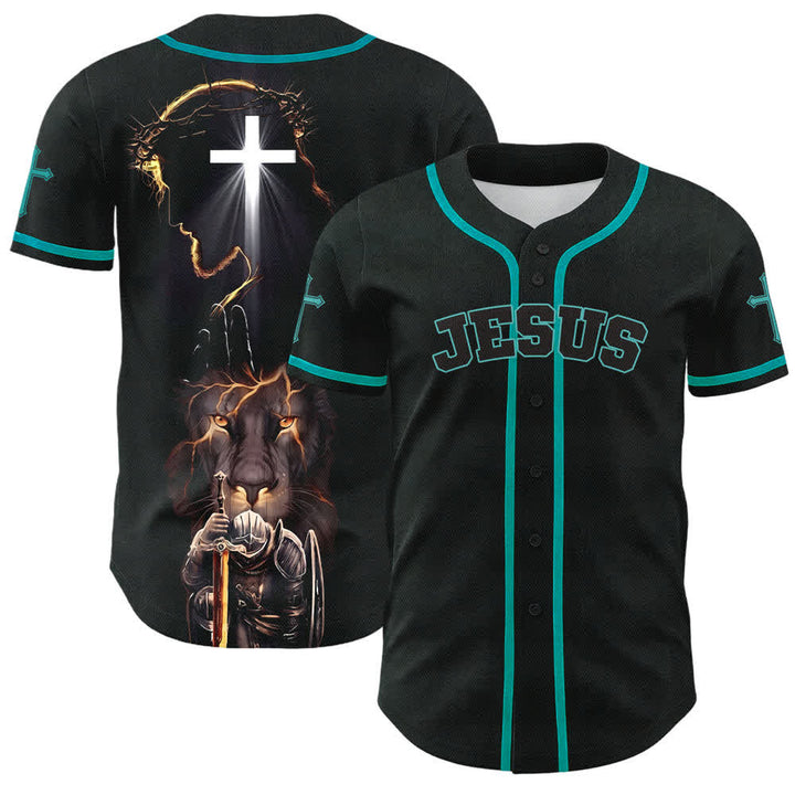 Camiseta de béisbol negra con botones y armadura de león de Christianartworkshop con Jesús. - Azul del lago - 5XL - image 35