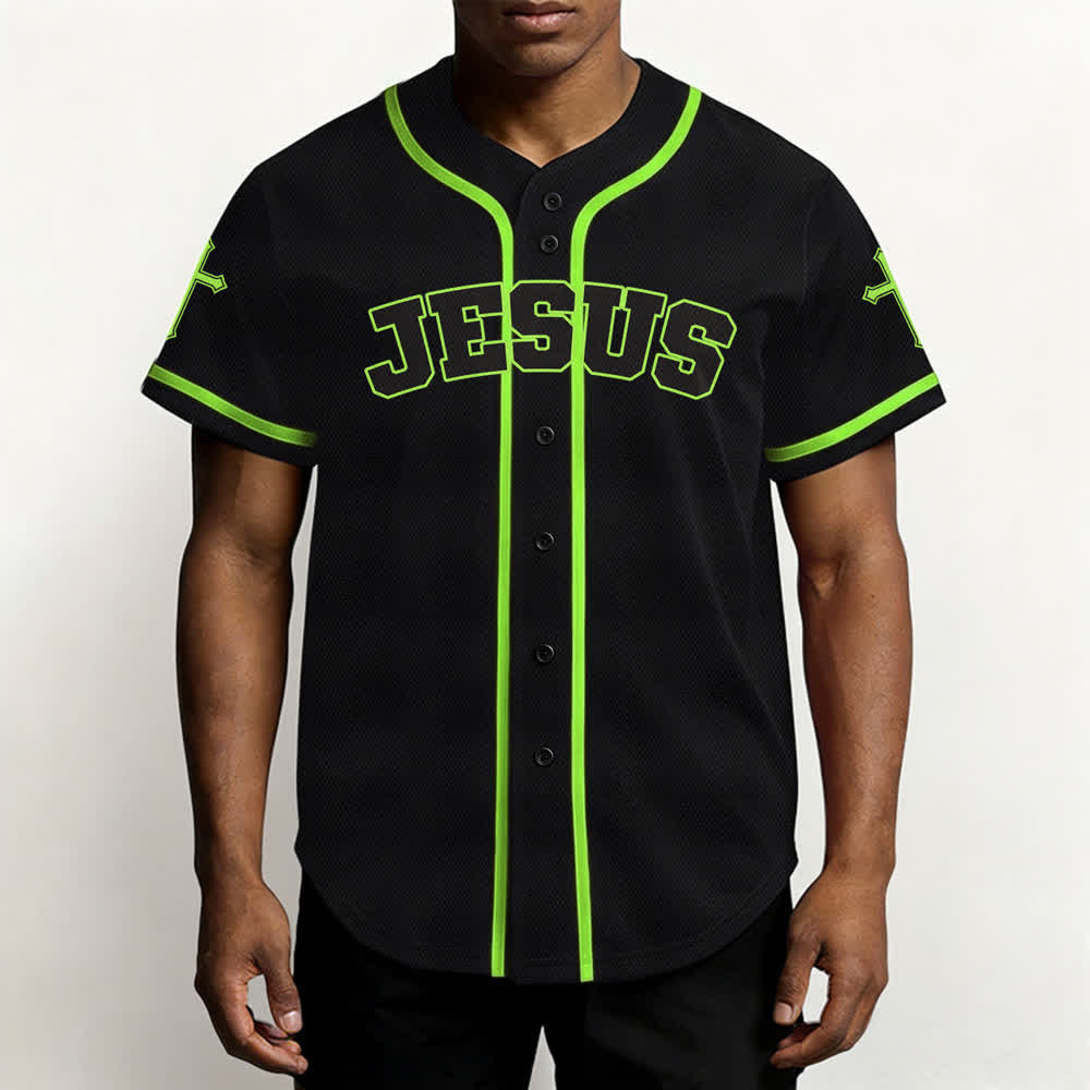 Camiseta de béisbol negra con botones y armadura de león de Christianartworkshop con Jesús. - image 55
