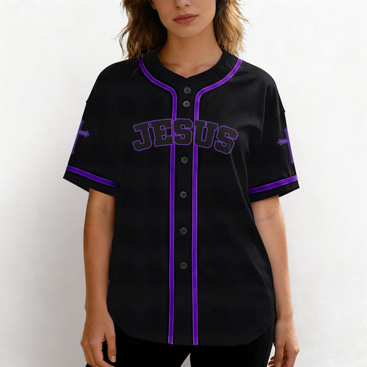 Camiseta de béisbol negra con botones y armadura de león de Christianartworkshop con Jesús. - image 60