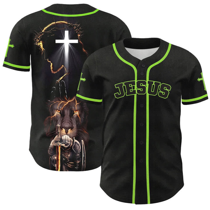 Camiseta de béisbol negra con botones y armadura de león de Christianartworkshop con Jesús. - Verde - 5XL - image 49