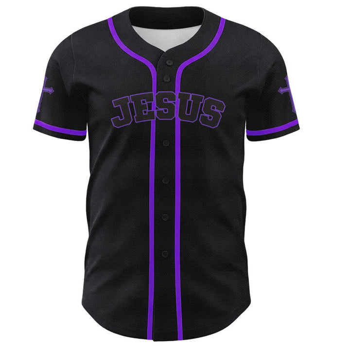 Camiseta de béisbol negra con botones y armadura de león de Christianartworkshop con Jesús. - image 58