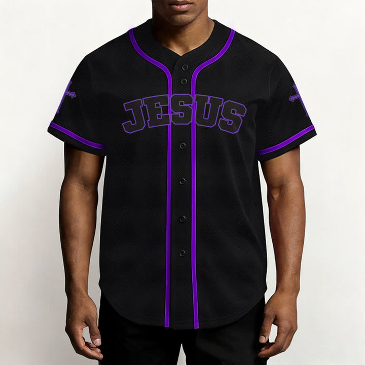 Camiseta de béisbol negra con botones y armadura de león de Christianartworkshop con Jesús. - image 62