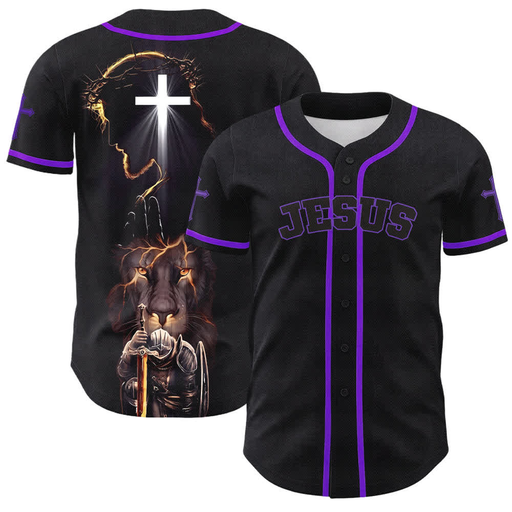 Camiseta de béisbol negra con botones y armadura de león de Christianartworkshop con Jesús. - Púrpura - 5XL - image 56