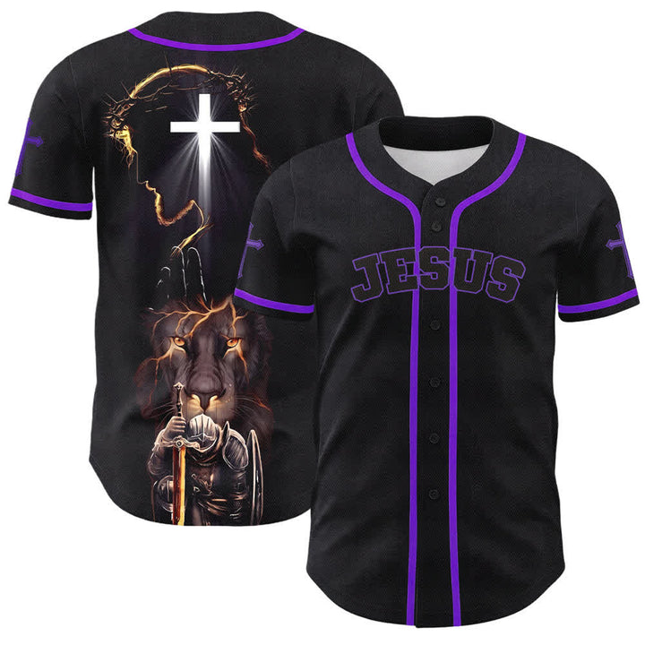 Camiseta de béisbol negra con botones y armadura de león de Christianartworkshop con Jesús. - Púrpura - 5XL - image 56
