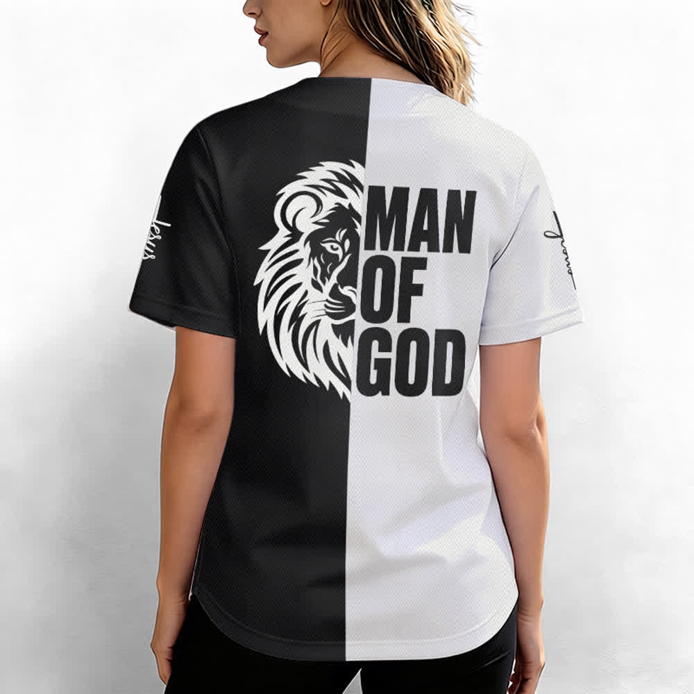 Camiseta de béisbol dividida en blanco y negro de Christianartworkshop Niño de Dios - image 3