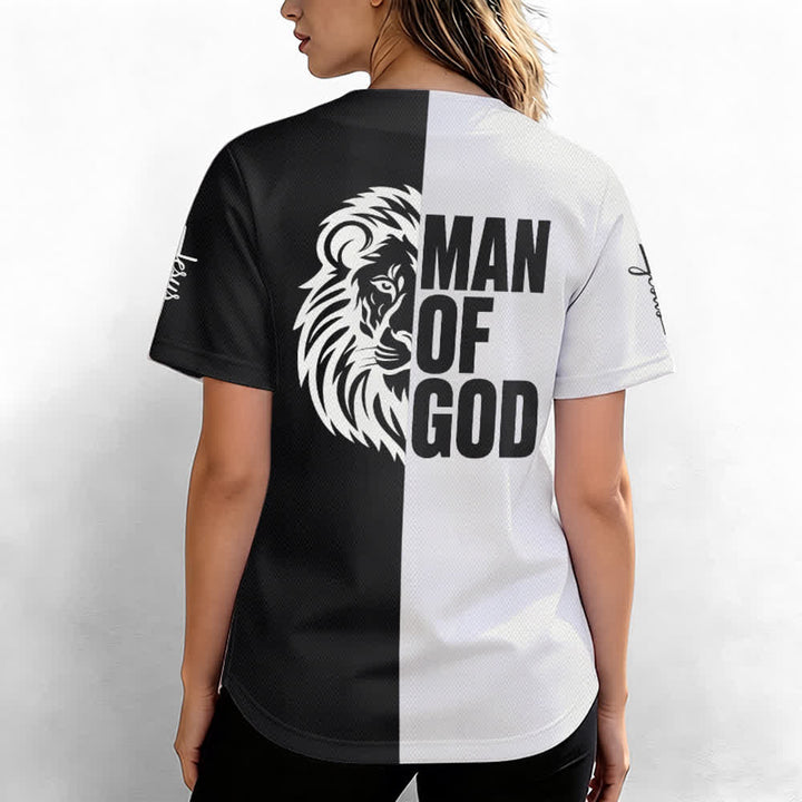 Camiseta de béisbol dividida en blanco y negro de Christianartworkshop Niño de Dios - image 3