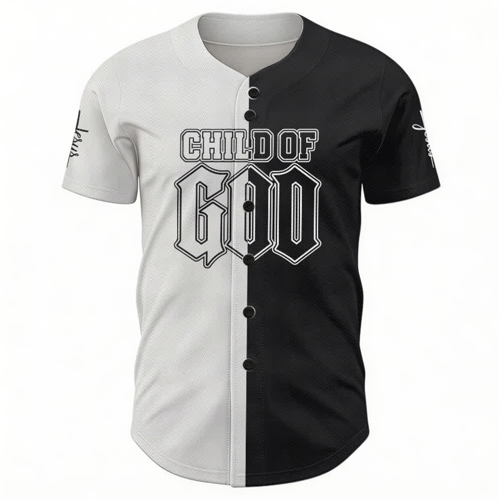 Camiseta de béisbol dividida en blanco y negro de Christianartworkshop Niño de Dios - image 2