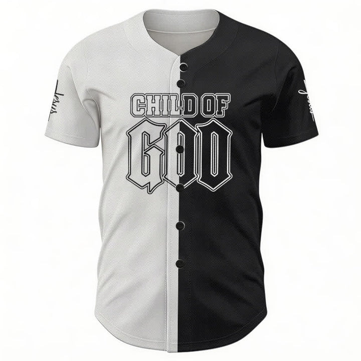Camiseta de béisbol dividida en blanco y negro de Christianartworkshop Niño de Dios - image 2