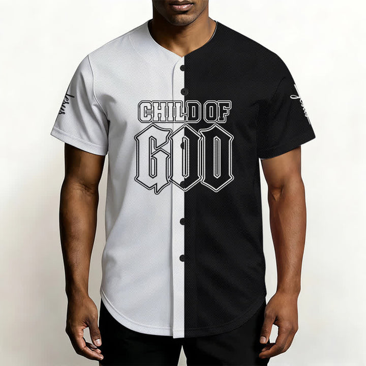 Camiseta de béisbol dividida en blanco y negro de Christianartworkshop Niño de Dios - image 6