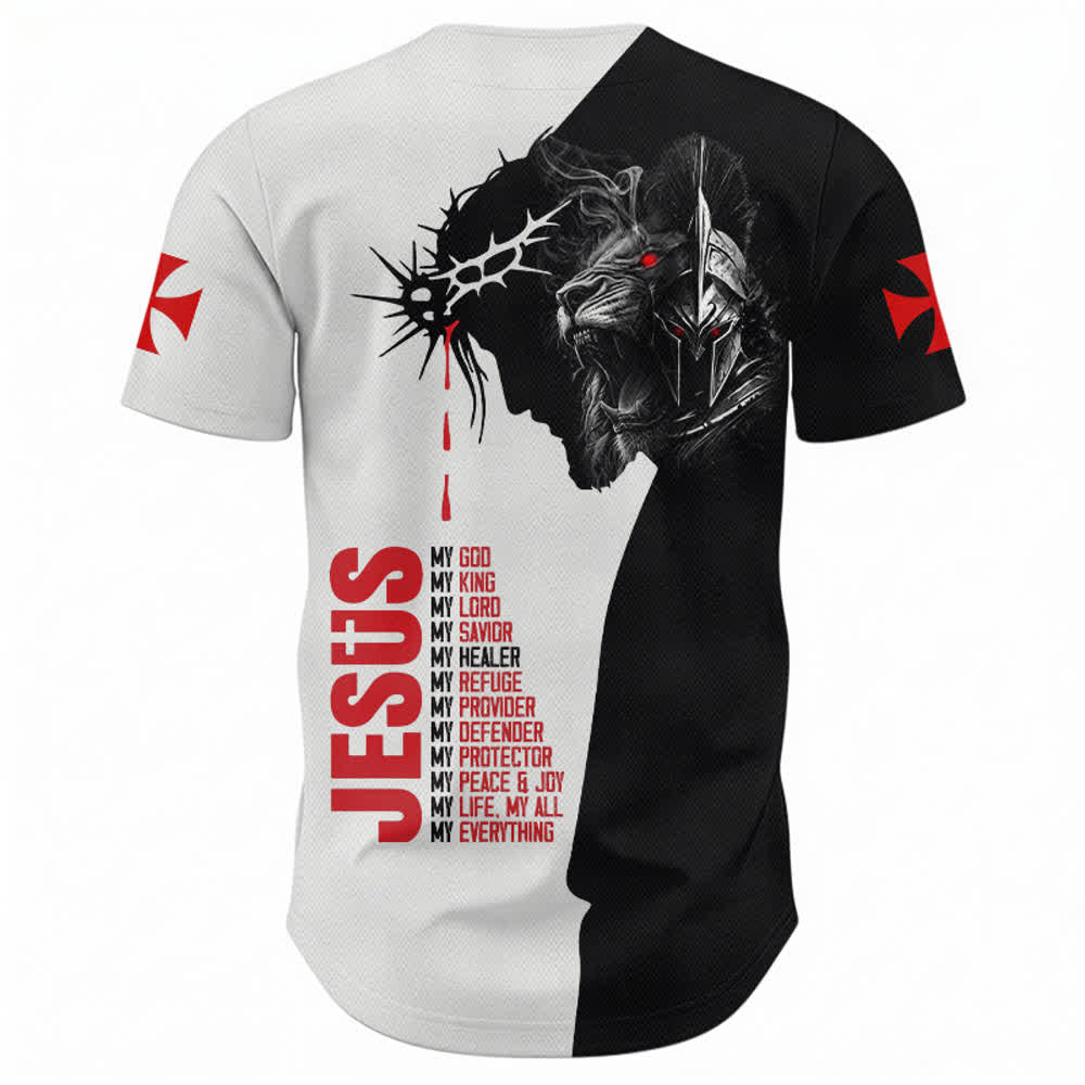 Camiseta de béisbol de Lion Street con diseño de Jesús y espinas en tonos divididos de Christianartworkshop - image 1