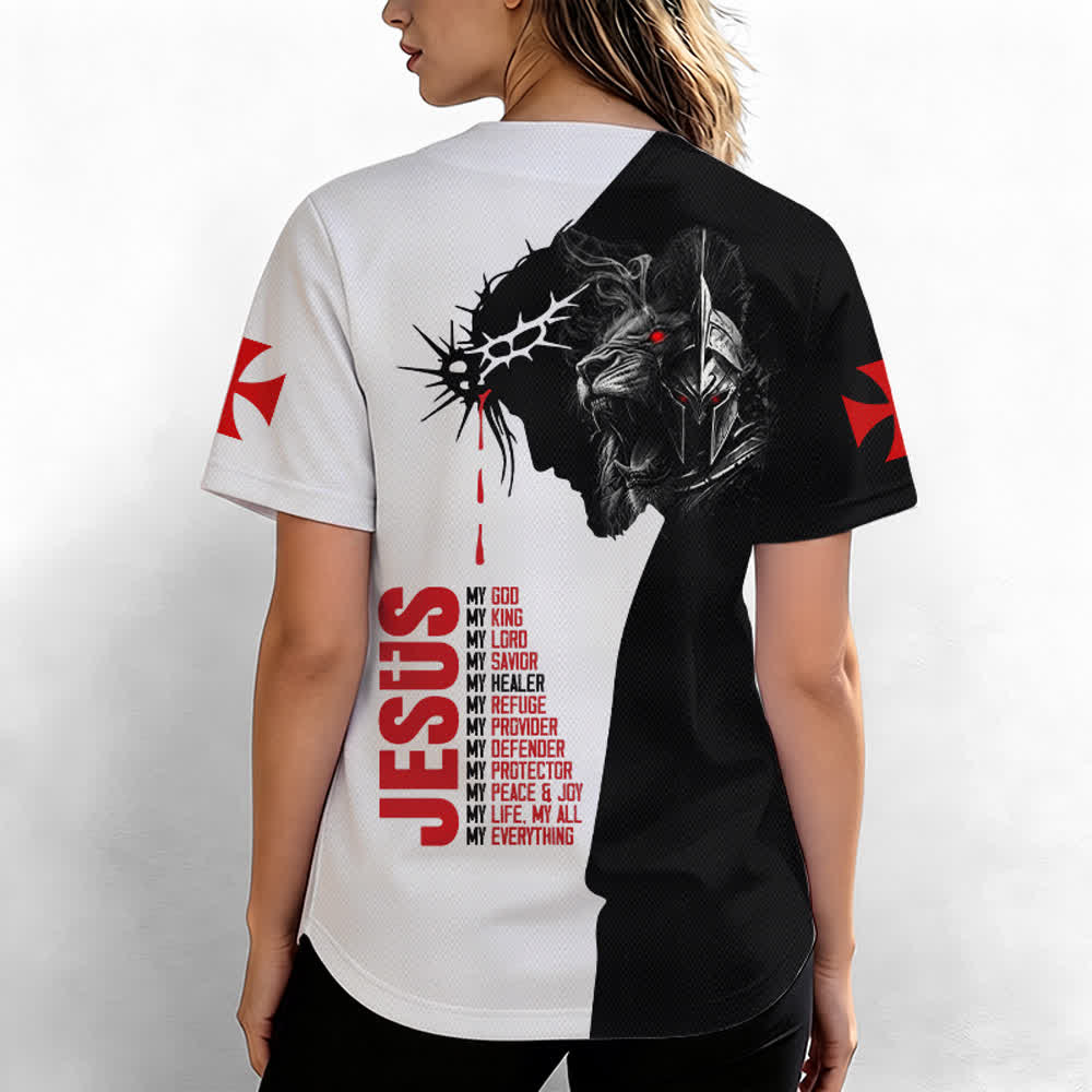 Camiseta de béisbol de Lion Street con diseño de Jesús y espinas en tonos divididos de Christianartworkshop - image 3