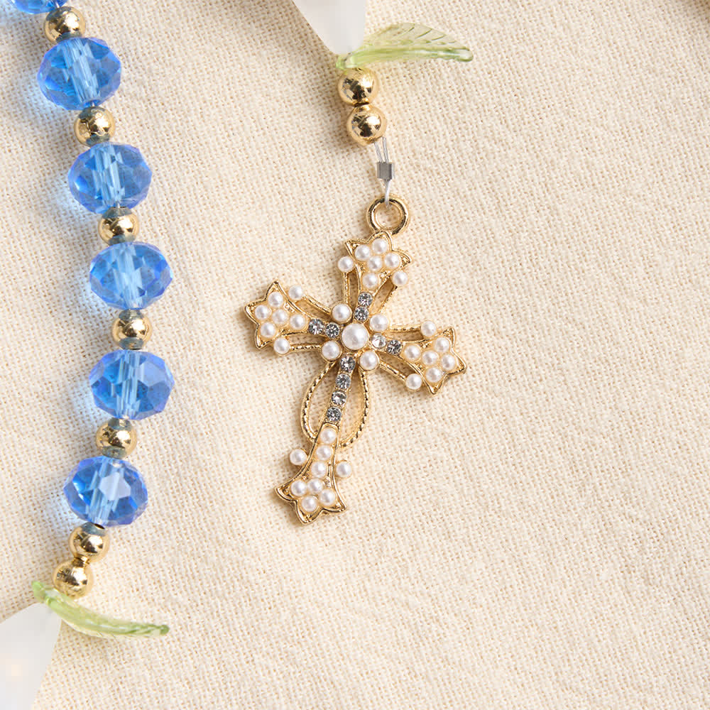 Christianartworkshop Rosario de cristal azul translúcido con forma de lirio y cruz adornada con perlas: emblema de pura serenidad celestial. - image 7