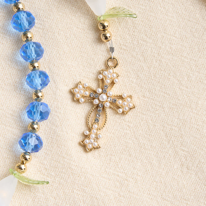 Christianartworkshop Rosario de cristal azul translúcido con forma de lirio y cruz adornada con perlas: emblema de pura serenidad celestial. - image 7