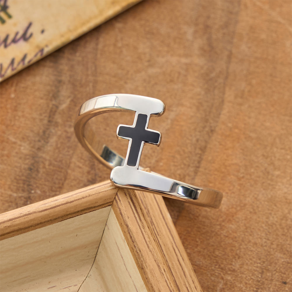 Christianartworkshop Anillo con cruz incrustada en negro y marco curvo: símbolo de la guía celestial perdurable. - Plata - US 8 - image 3