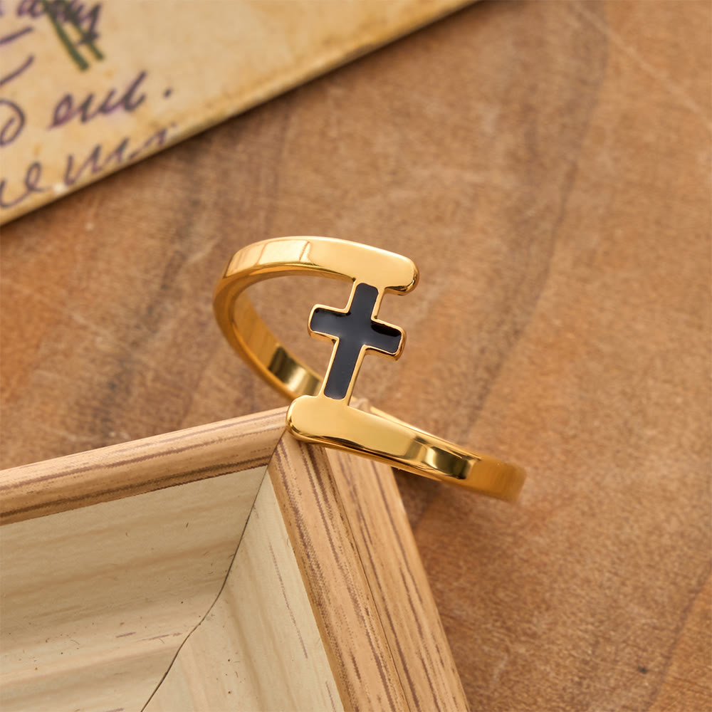Christianartworkshop Anillo con cruz incrustada en negro y marco curvo: símbolo de la guía celestial perdurable. - Dorado - US 8 - image 0