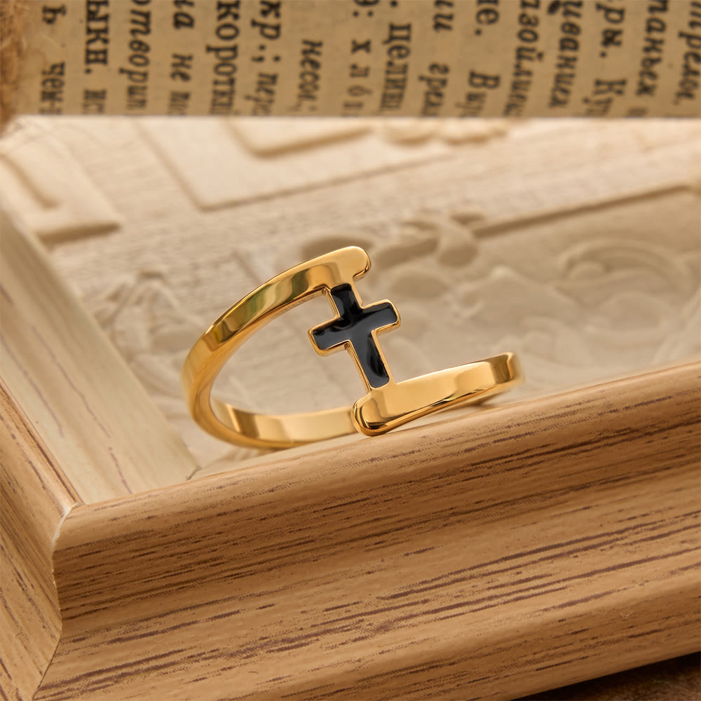 Christianartworkshop Anillo con cruz incrustada en negro y marco curvo: símbolo de la guía celestial perdurable. - image 2
