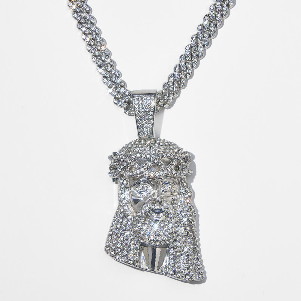 Christianartworkshop Colgante de cabeza de Jesús con corona de espinas y diamantes de imitación, cadena cubana: emblema de la eterna fortaleza divina. - image 6