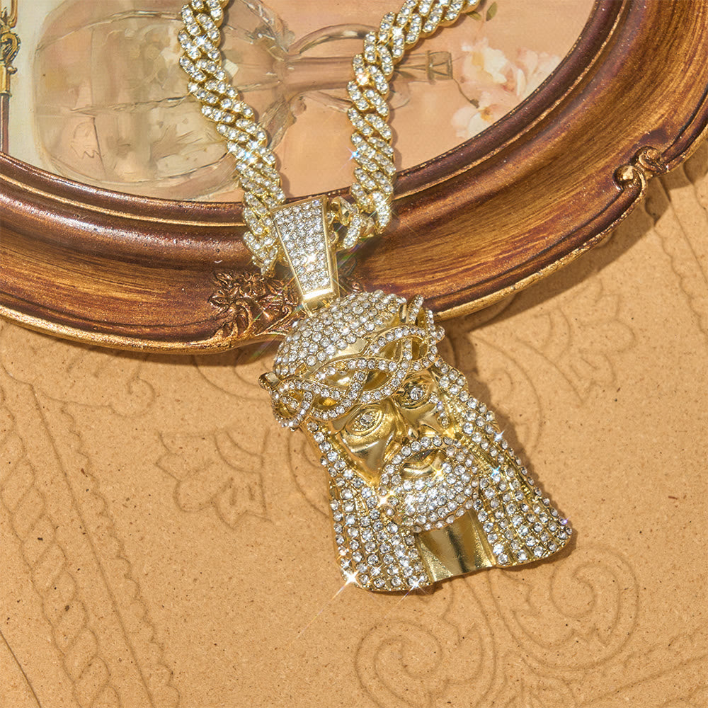 Christianartworkshop Colgante de cabeza de Jesús con corona de espinas y diamantes de imitación, cadena cubana: emblema de la eterna fortaleza divina. - image 3