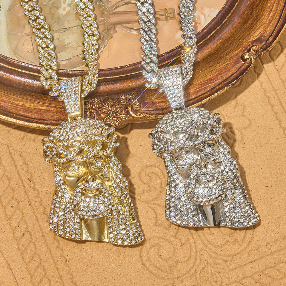 Christianartworkshop Colgante de cabeza de Jesús con corona de espinas y diamantes de imitación, cadena cubana: emblema de la eterna fortaleza divina. - image 1