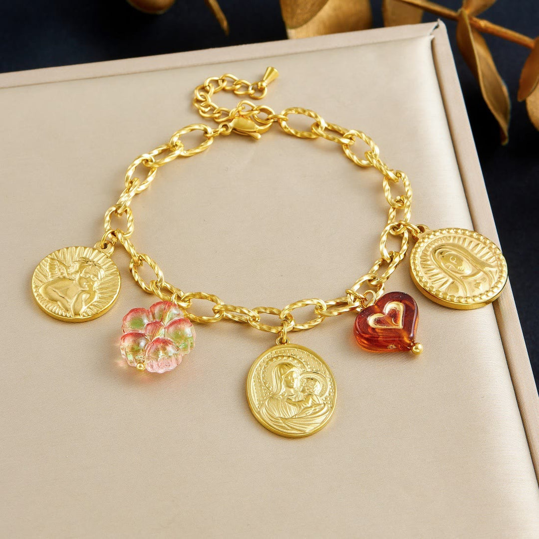 Christianartworkshop Conjunto de cadena ornamentada con retrato de la Virgen María y un querubín: símbolo de la guía celestial pacífica. - Pulsera - image 2