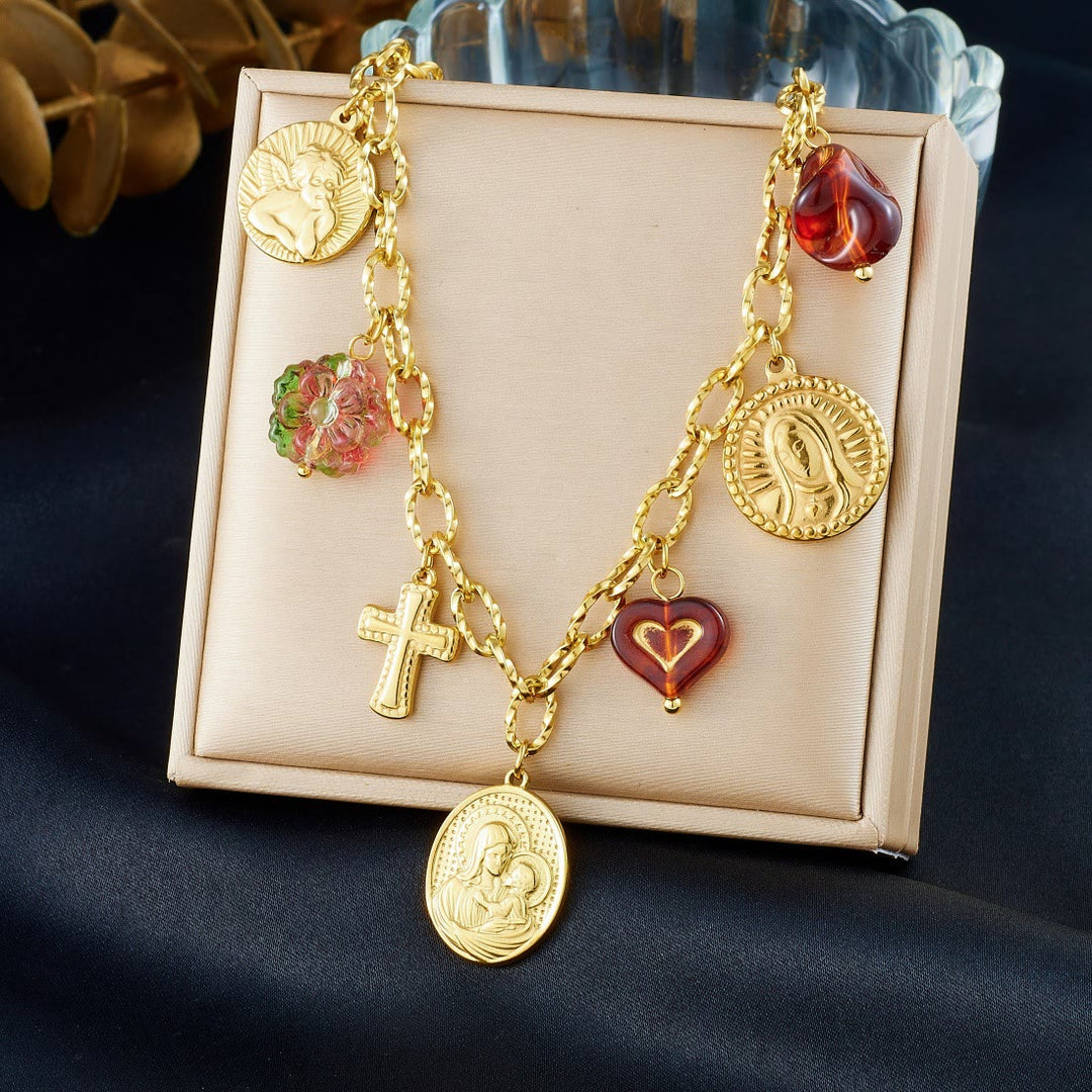 Christianartworkshop Conjunto de cadena ornamentada con retrato de la Virgen María y un querubín: símbolo de la guía celestial pacífica. - image 4