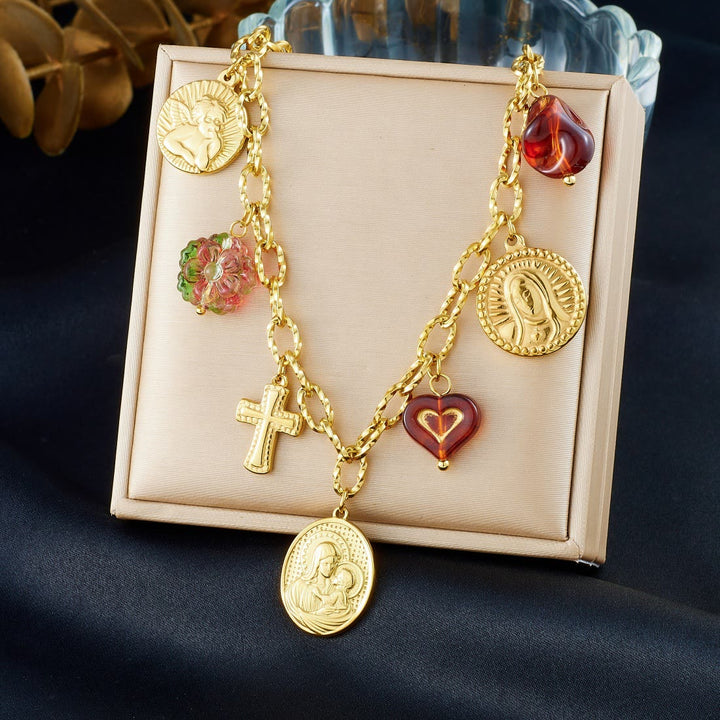 Christianartworkshop Conjunto de cadena ornamentada con retrato de la Virgen María y un querubín: símbolo de la guía celestial pacífica. - image 4