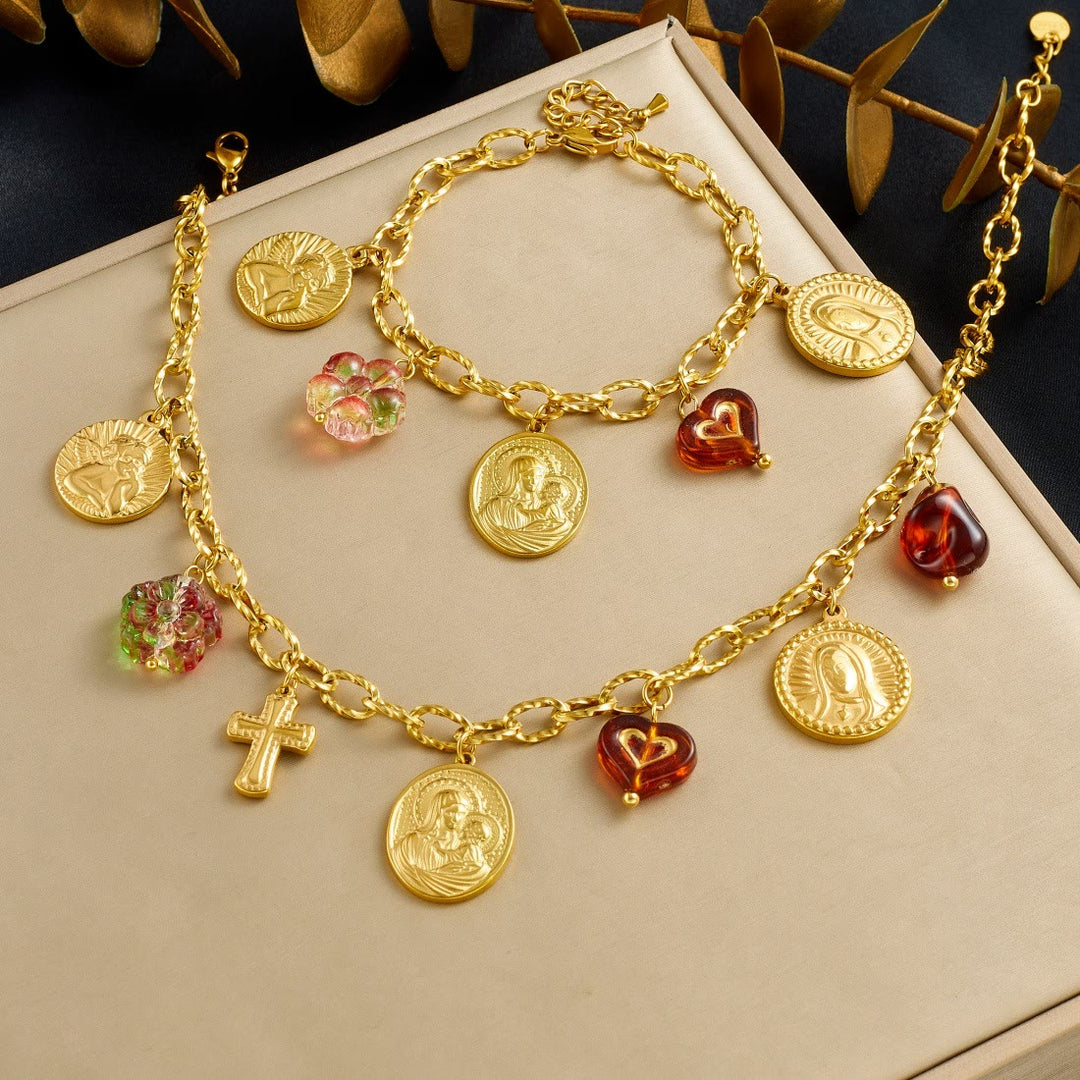 Christianartworkshop Conjunto de cadena ornamentada con retrato de la Virgen María y un querubín: símbolo de la guía celestial pacífica. - image 6